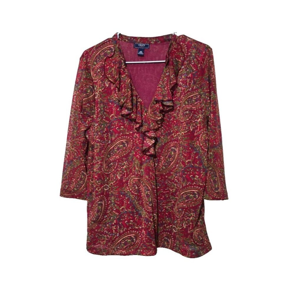 CHAPS Denim Blouse 2X Red Paisley Ruffle Pullover Boho Comfort 3/4 Sleeve V-neck